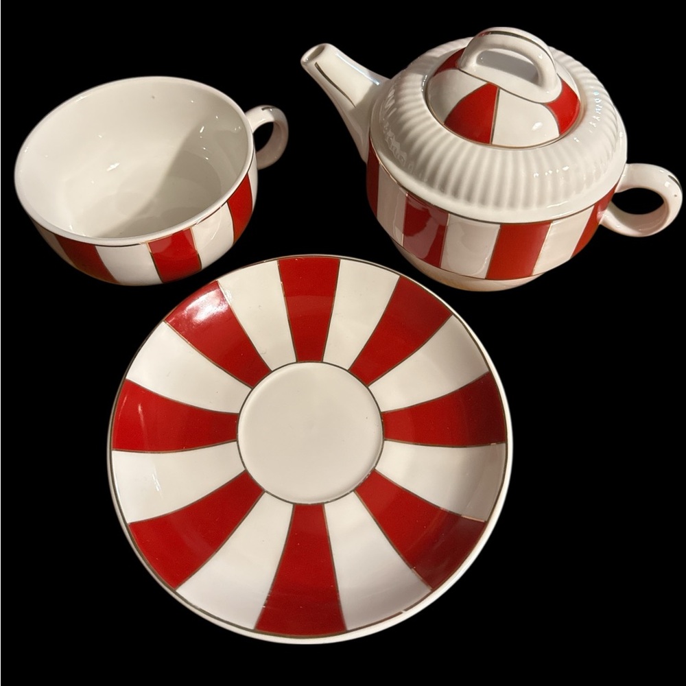 Red/White Striped Peppermint Grace Teaware Teapot set for one!(3-P) - Picture 3 of 7